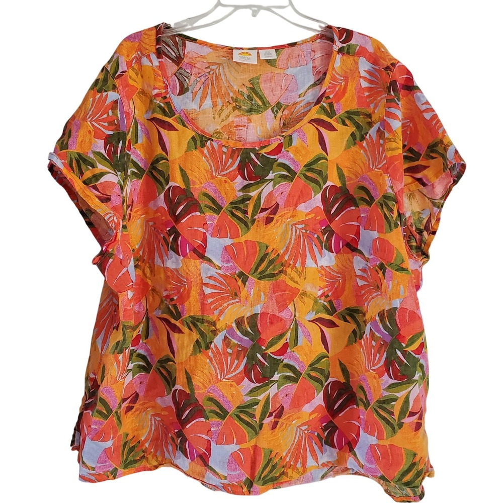 C&C California Shirt Womens 3X Multicolor Linen Tropical Leaf Print Summer Top